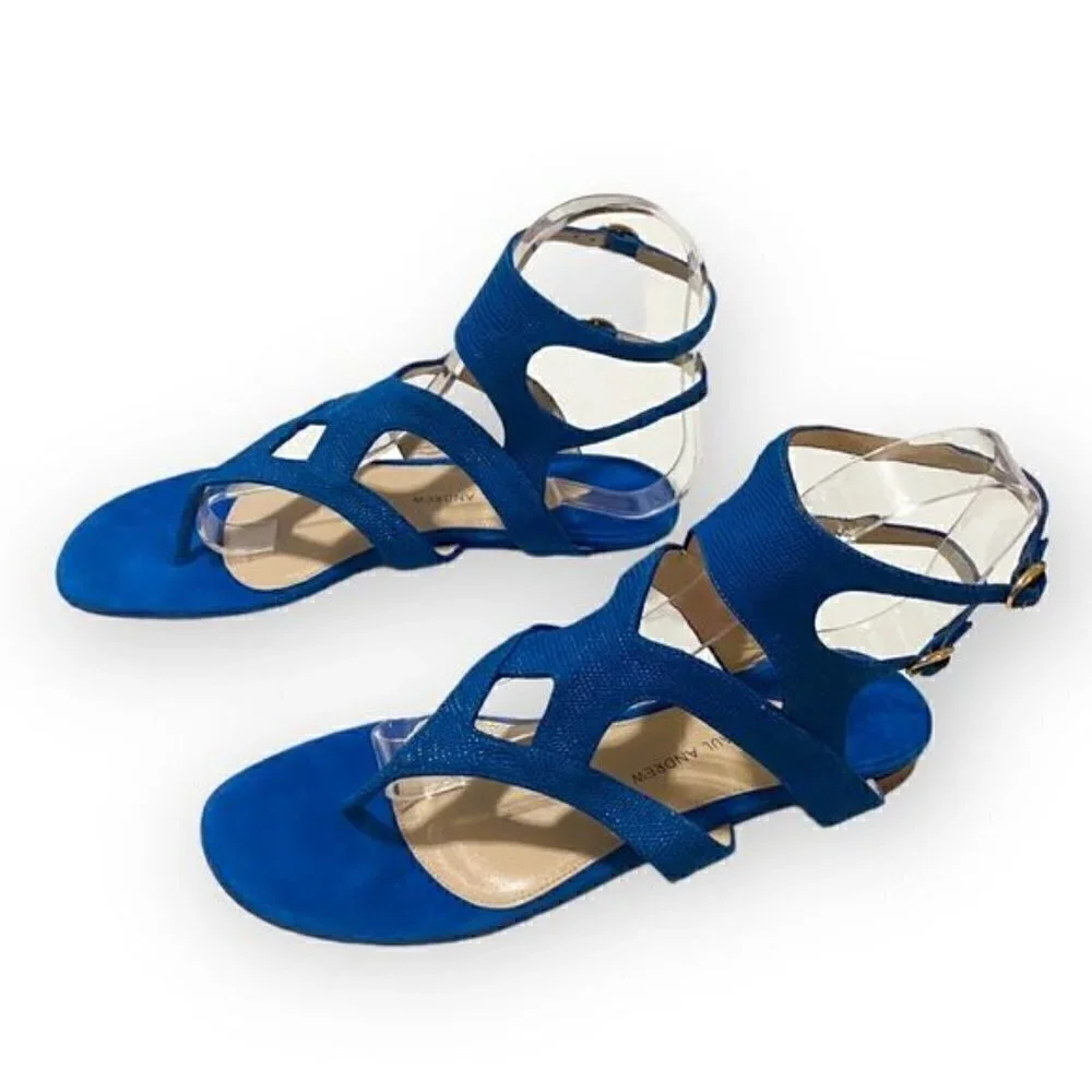Paul Andrew double ankle strap flat thong sandals in blue embossed suede, New